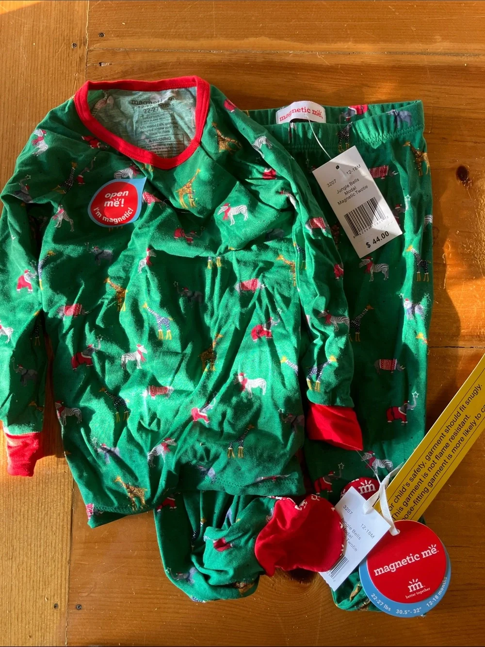 Magnetic Me Green Reindeer Print Kids Pajama Set with Red Trim